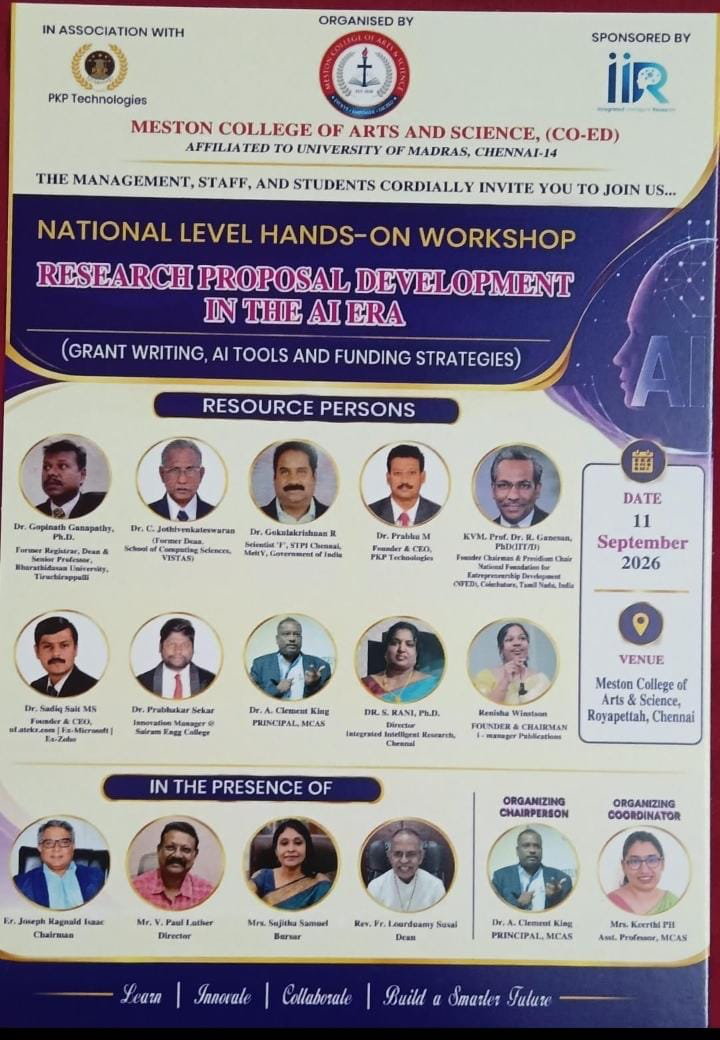 National Level Hands-on Workshop on Research Proposal Development in the AI Era poster - Meston College of Arts and Science