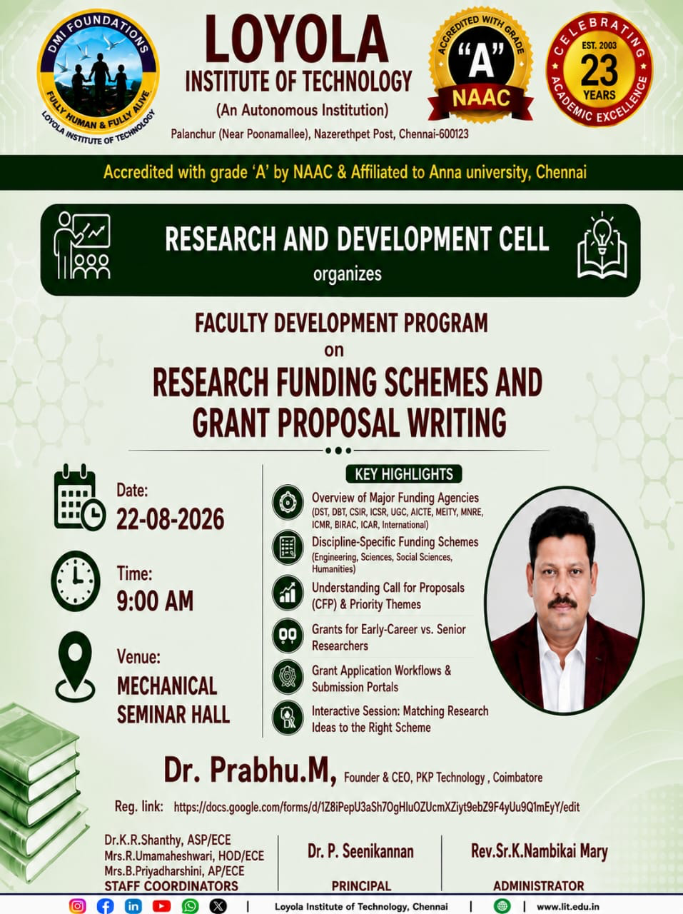 Faculty Development Program on Research Funding Schemes and Grant Proposal Writing poster - Loyola Institute of Technology